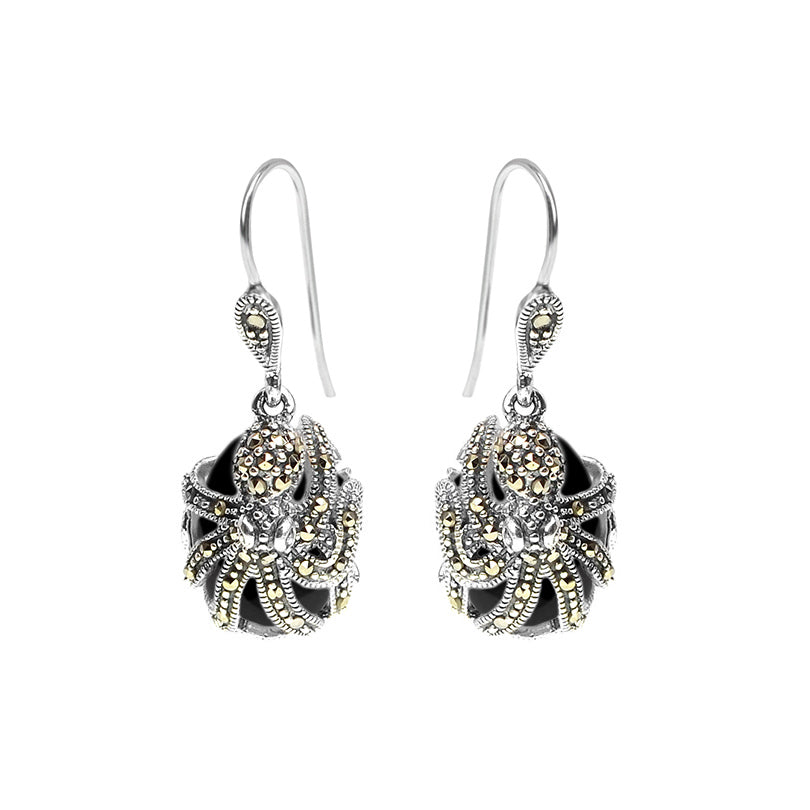 Sparkling Marcasite Octopus on Black Onyx Stone Sterling Silver Earrings