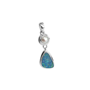 Australian Blue Opal and Fresh Water Pearl Sterling Silver Pendant Necklace