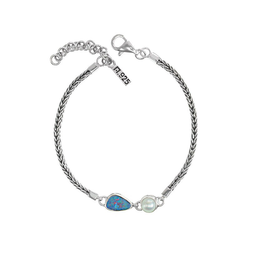 Gorgeous Australian Blue Opal and Fresh Water Pearl Sterling Silver Bali Statement Bracelet
