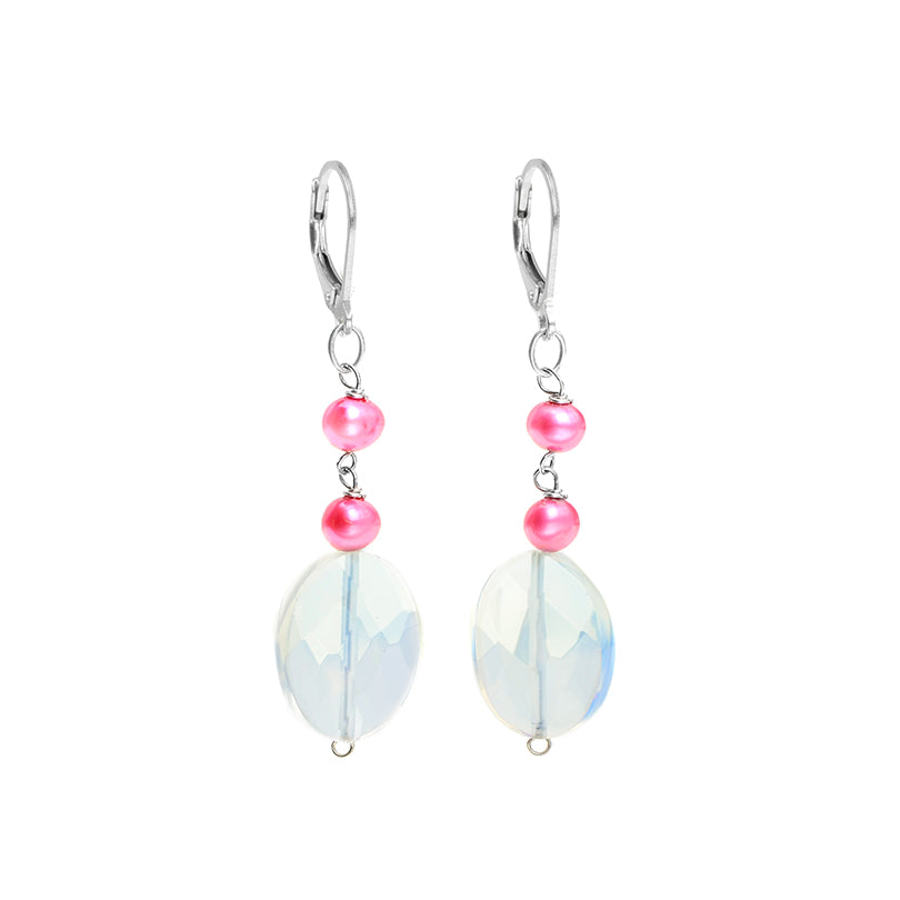 Sparkling Opalite and Pink Berry Fresh Water Pearl Sterling Silver Earrings
