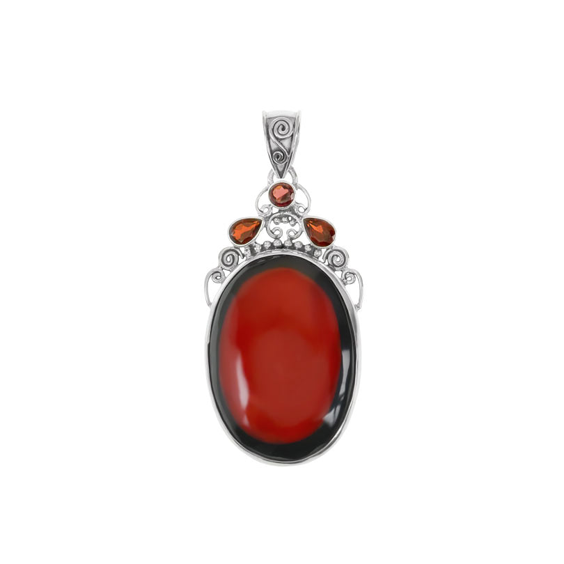 Gorgeous Balinese Coral with Black Border & Garnets Sterling Silver Statement Pendant