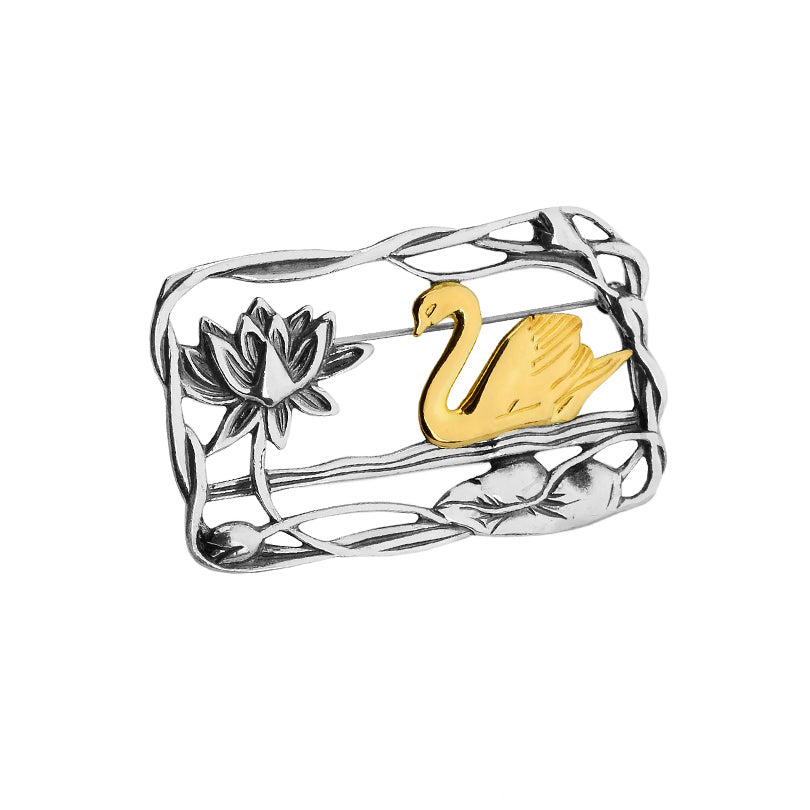 Swan Art Deco Design Brooch Sterling Silver with 18kt Gold