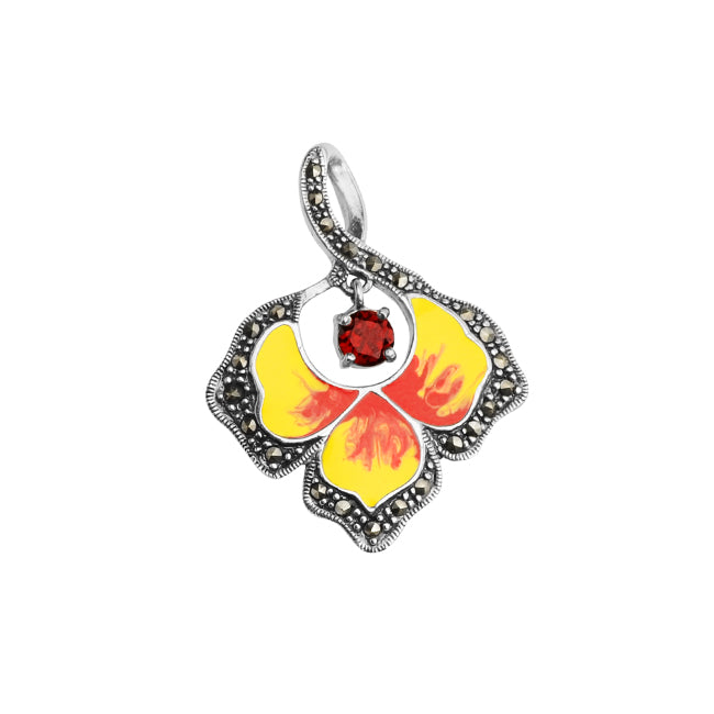 Fiery Red and Yellow Marcasite Enamel Leaf Pendant with Garnet