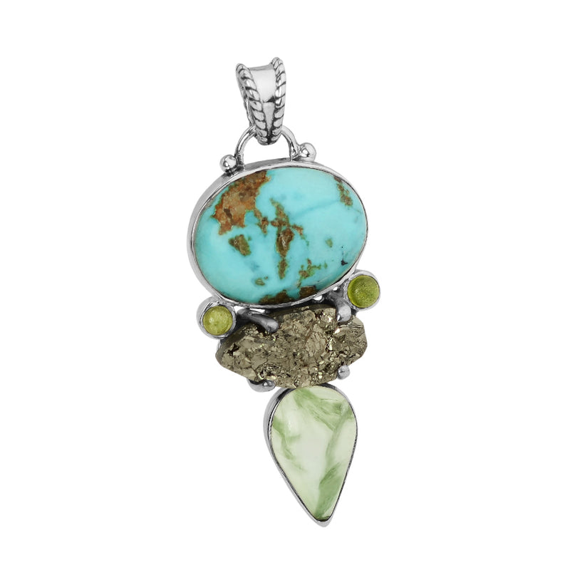 Beautiful Sparkly Turquoise, Pyrite and Prehnite Sterling Silver Statement Pendant