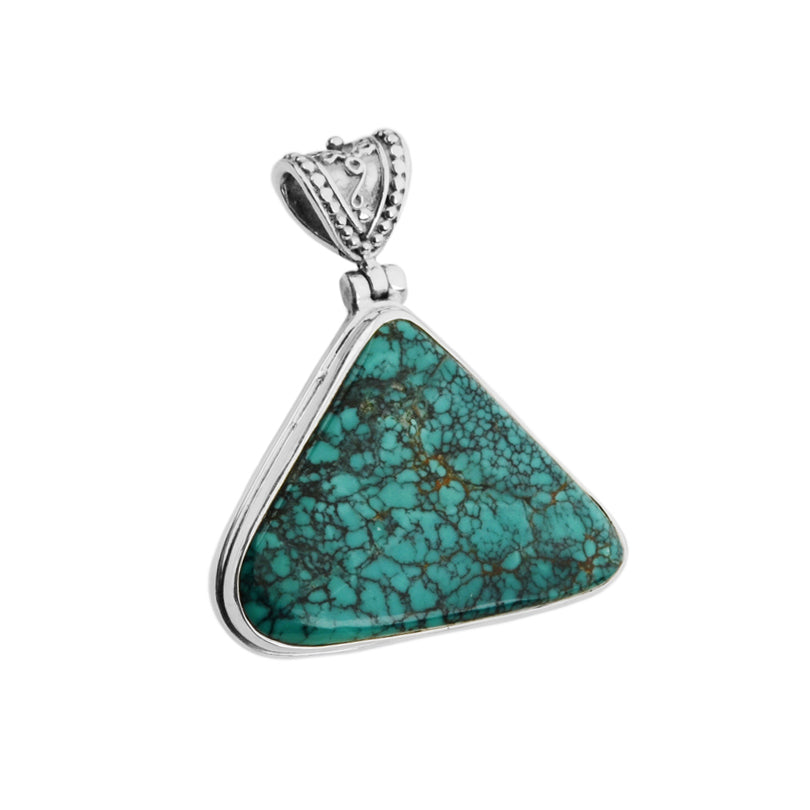 Spiritual Triangular Tibet Genuine Turquoise Sterling Silver Pendant