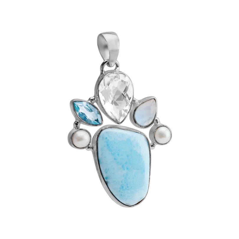 Gorgeous Larimar and Quartz with Blue Topaz, Pearl and Moonstone Sterling Silver Statement Pendant