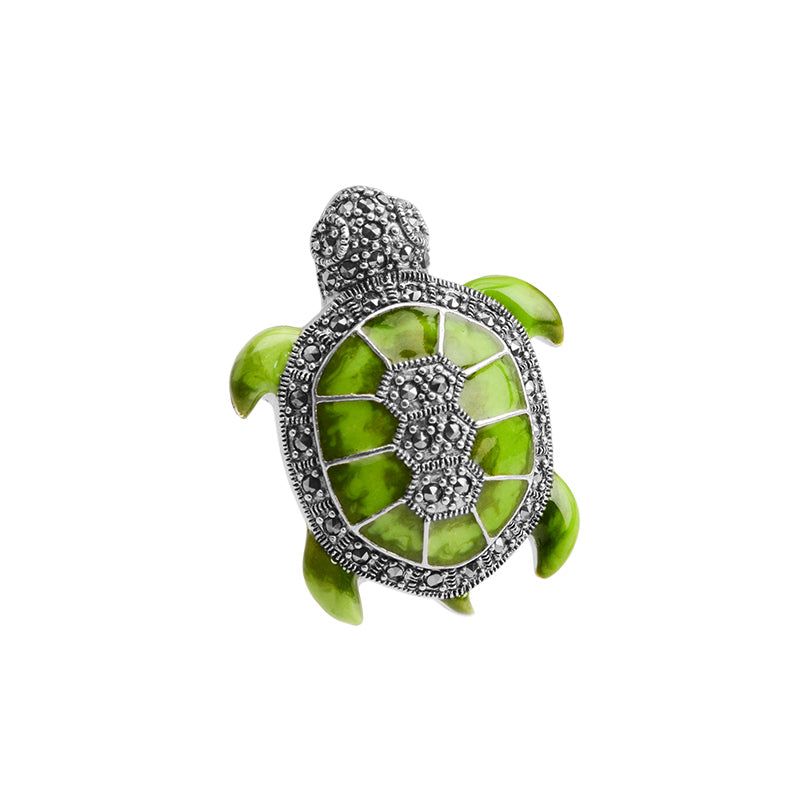 Adorable Green Turtle with Marcasite Sterling Silver Pendant/Brooch