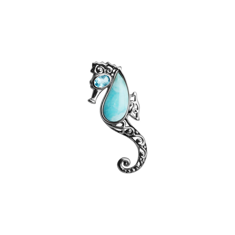 Stunning Larimar Seahorse with Blue Topaz Sterling Silver Statement Pendant