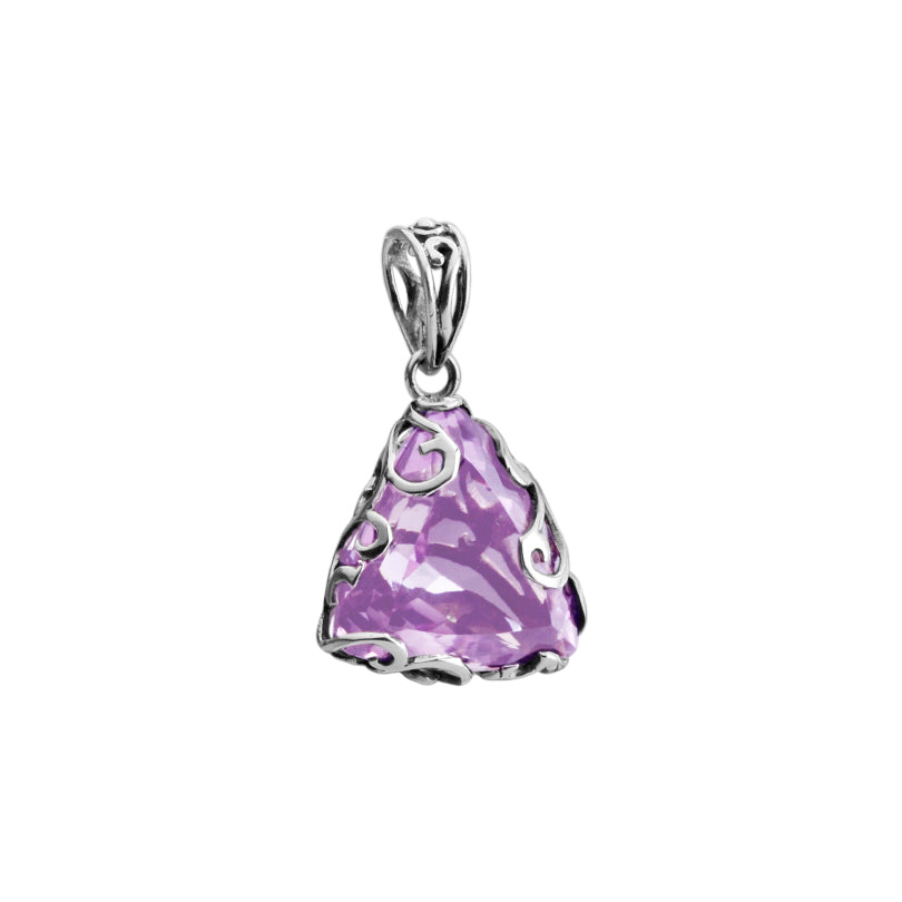 Starborn Triangular Cut Amethyst Encased in Decorative Sterling Silver Pendant