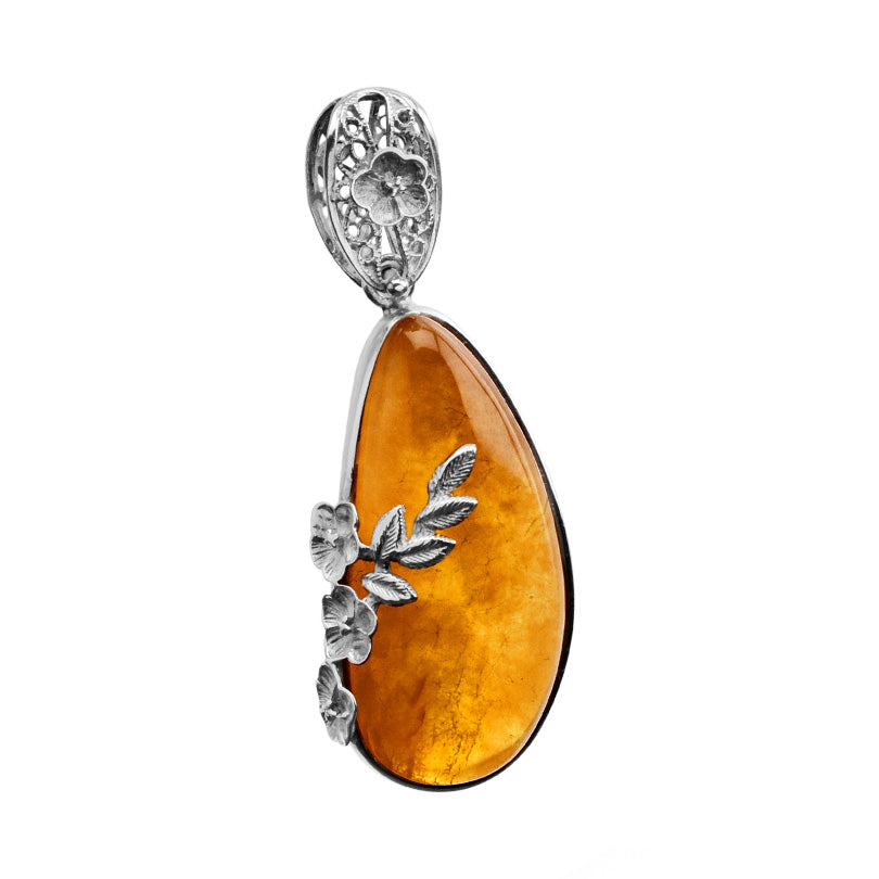 Beautiful Cognac Baltic Amber Filigree Flower Setting Sterling Silver Pendant