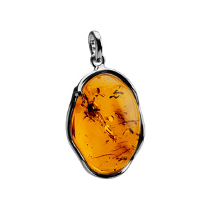 Honey Cognac Baltic Amber with Sparkling Fossils Sterling Silver Pendant