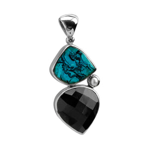 Starborn Blue Chrysocolla with Faceted Black Onyx Sterling Silver Statement Pendant
