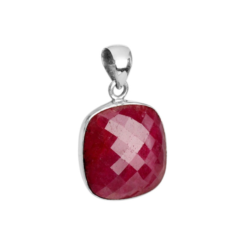 Rich Red Cranberry Faceted Corundum Sterling Silver Pendant