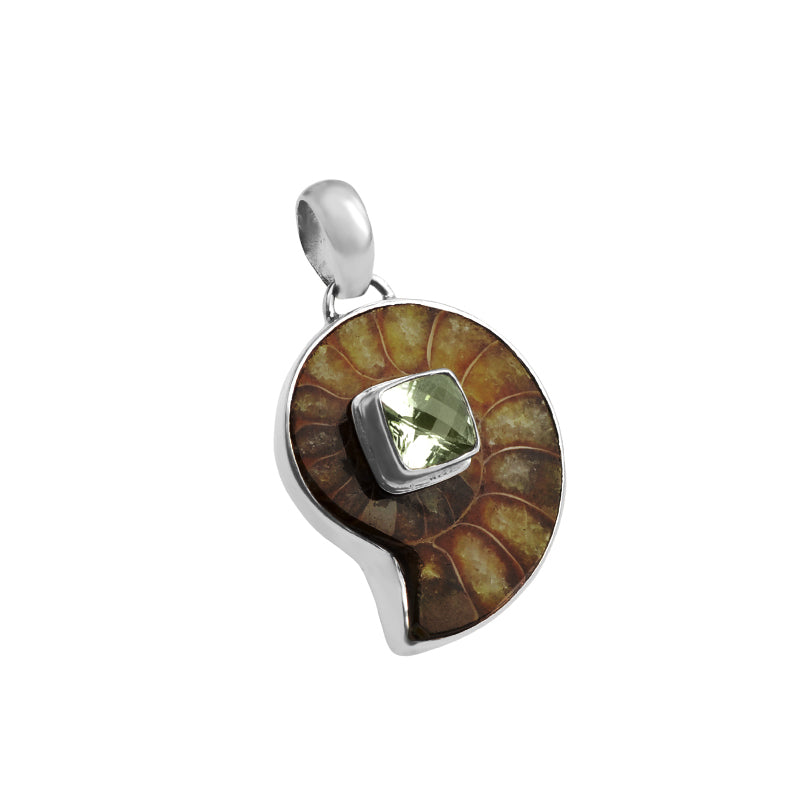 Rich Dark Ammonite Pendant with Sparling Green Amethyst Sterling Silver Statement Pendant
