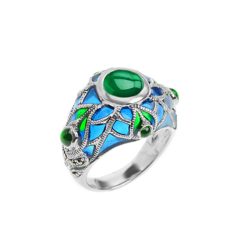 Silver Plated Green Agate And Marcasite Grand Peacock Ring