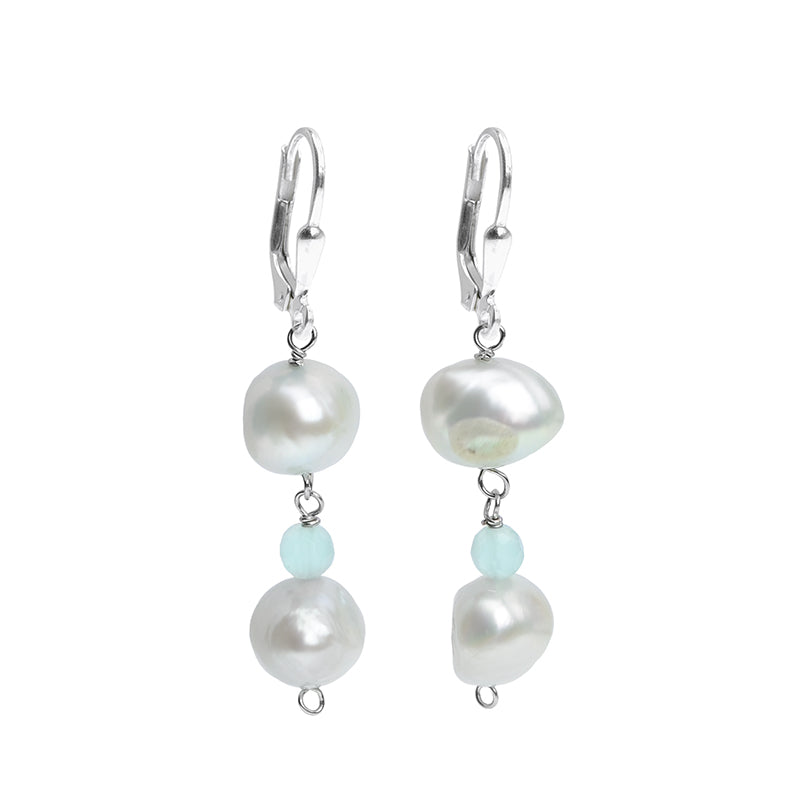 Delicate Baby Blue Fresh Water Pearl and Blue Agate Sterling Silver Earrings
