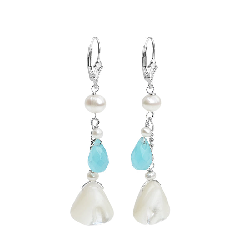 Lovely White Shell and Blue Jade Sterling Silver Earrings