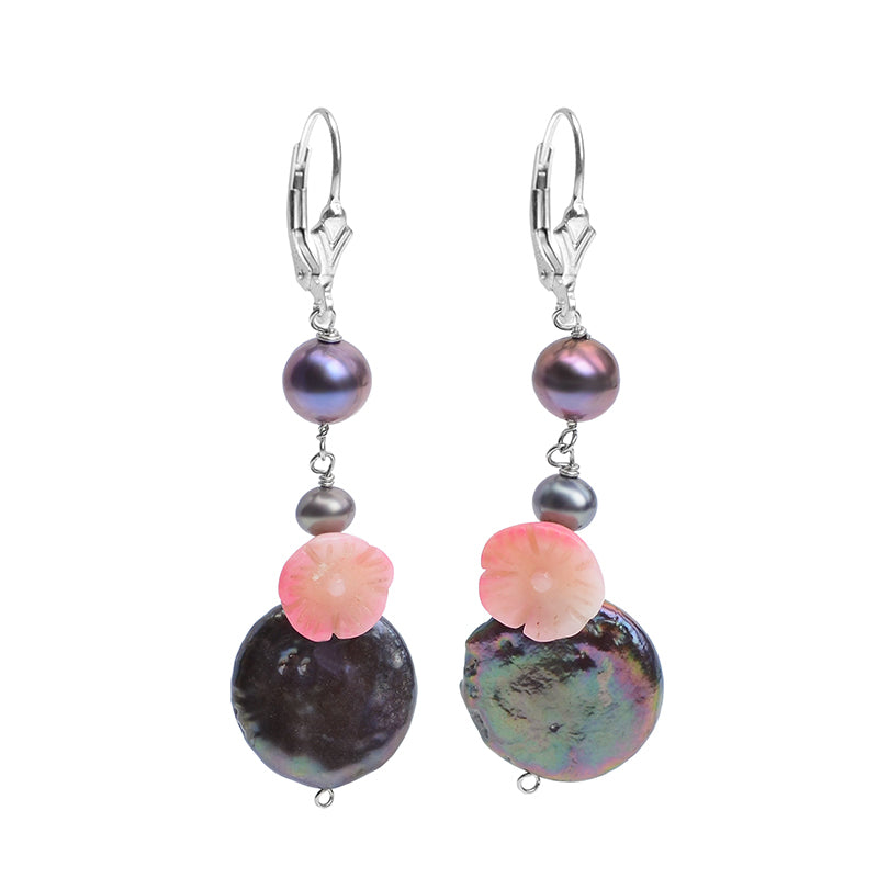 Beautiful Dark Mauve Coin Pearl Earrings with Carved Flower.