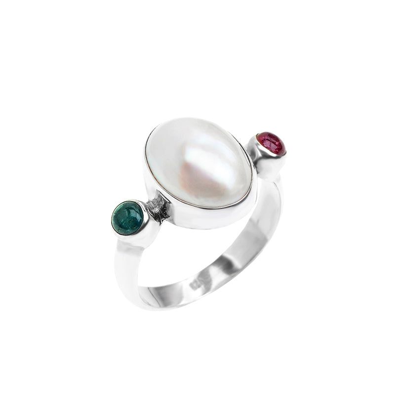 Petite Pearl Shell & Tourmaline Sterling Silver Ring