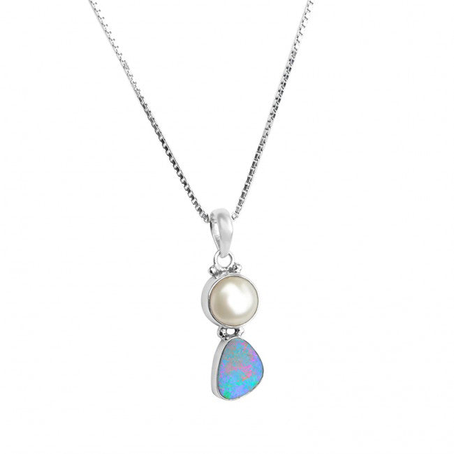 Petite Australian Blue Opal & Pearl Sterling Silver Necklace