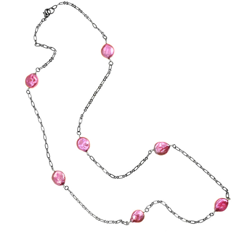 Shimmering Fresh Water Pink Coin Pearl on Dark Chain Necklace-30"