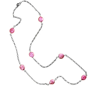 Shimmering Fresh Water Pink Coin Pearl on Dark Chain Necklace-30"