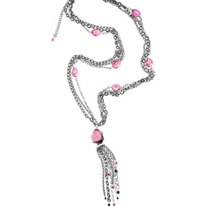 Fringe Necklace with Pink Coin Pearls and Agate with Layered Chains