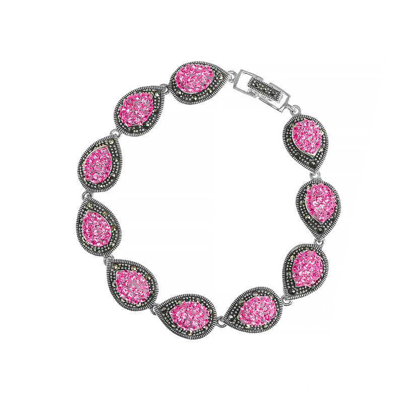 Sparkling Pink Crystal and Marcasite Sterling Silver Bracelet