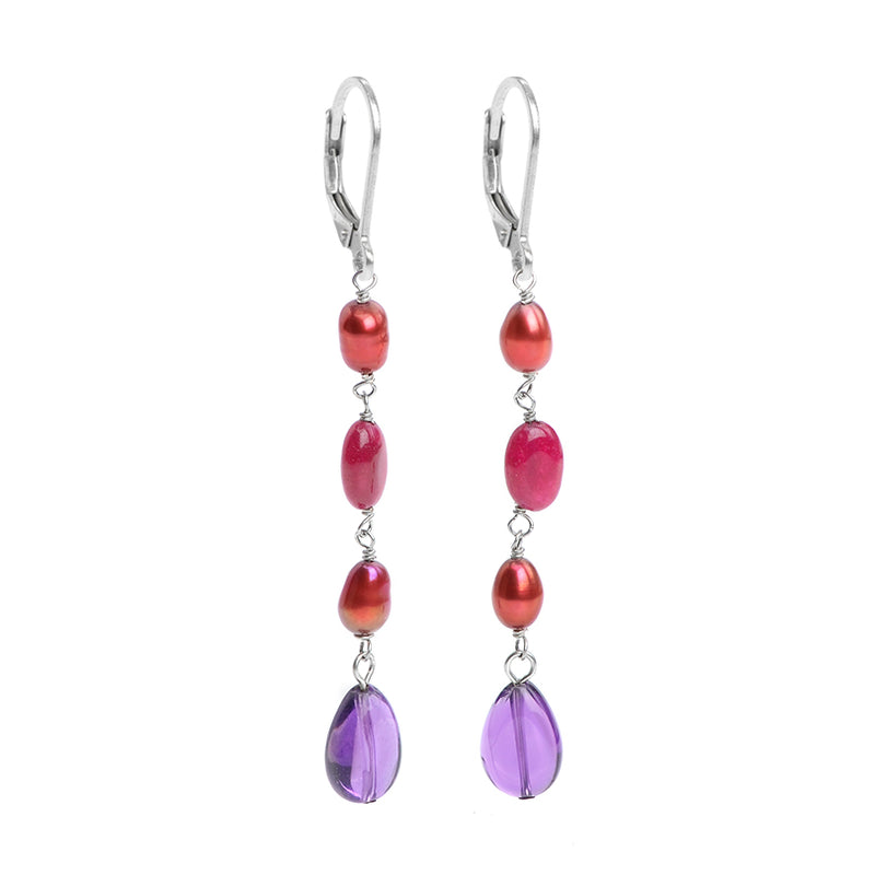Sassy Fresh Water Pearl, Amethyst and Agate Sterling Silver Earrings