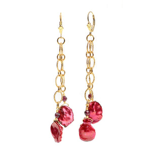 Cherry Red Fresh Water Pearl Gold Plated Chain Earrings With Gold Filled Hooks