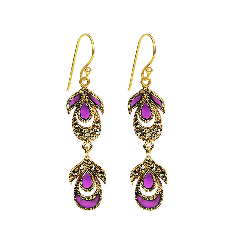Beautiful Graceful Purple Peacock Marcasite 14kt Gold Plated Earrings