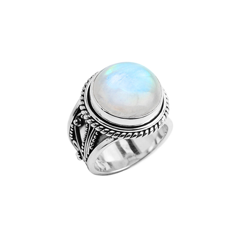 Shimmering Rainbow Moonstone in Lavish Filigree Designed Sterling Silver Statement Ring