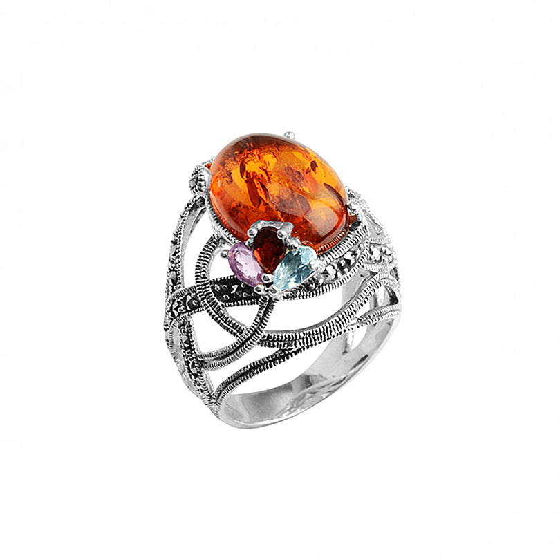 Stunning Marcasite and Baltic Amber with Gemstones in Sterling Silver Ring