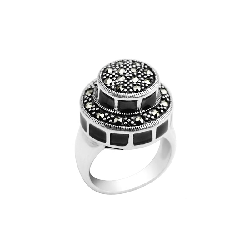 Glamorus Art Deco Style Black Enamel and Marcasite Sterling Silver Ring