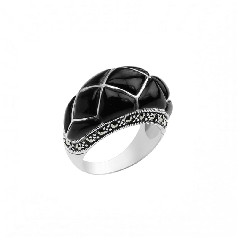 Masterful Black Agate and Marcasite Sterling Silver Statement Ring