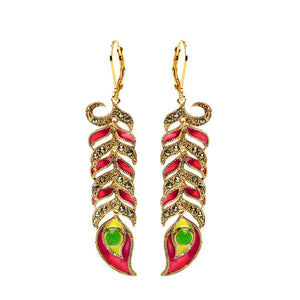Red Peacock Feather 14kt Gold Plated Marcasite Statement Peacock Earrings