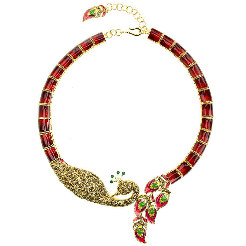Gorgeous Imperial Ruby Red Golden Marcasite Peacock Statement Necklace