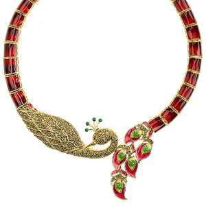 Gorgeous Imperial Ruby Red Golden Marcasite Peacock Statement Necklace