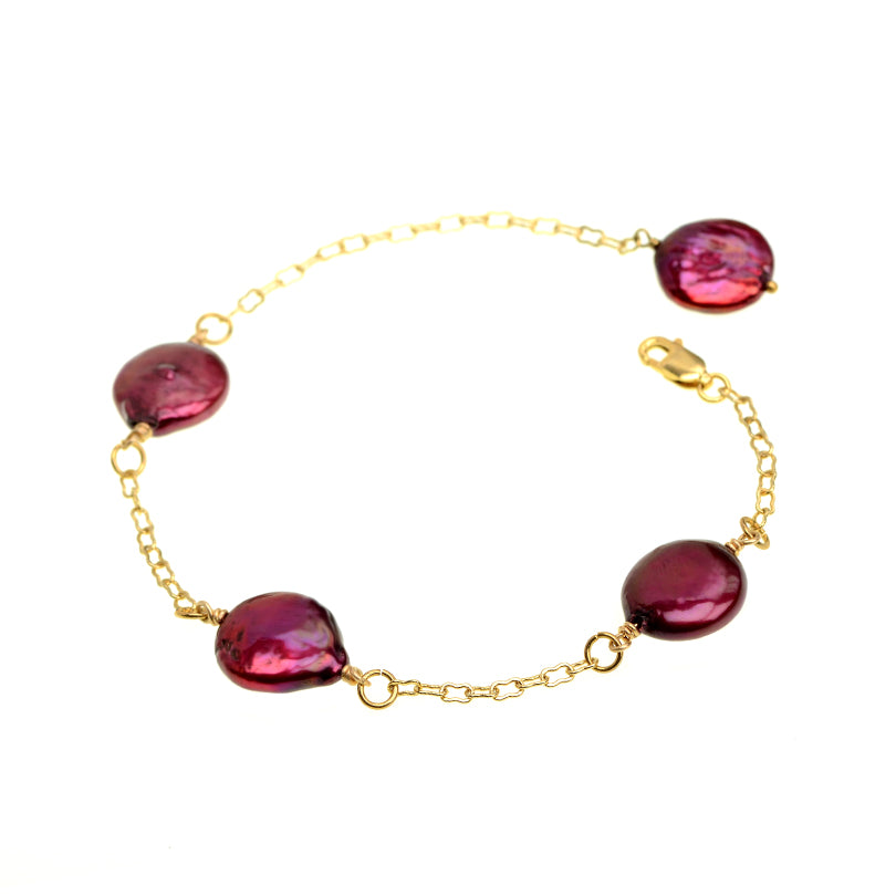 Floating Burgundy Fresh Water Coin Pearl Gold Plated Bracelet