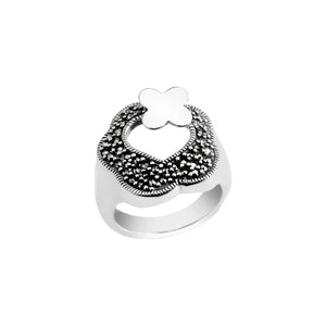 Adorable 4-Leaf Clover on Heart Marcasite Sterling Silver Ring
