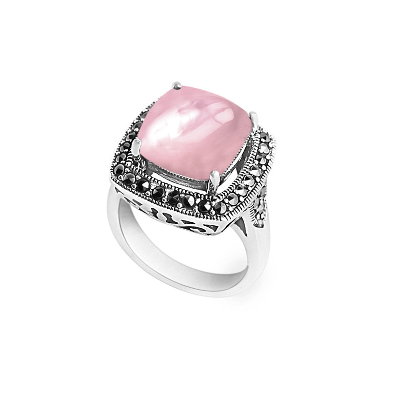 Exquisite Shimmering Pink Mother of Pearl with Marcasite Sterling Silver Ring