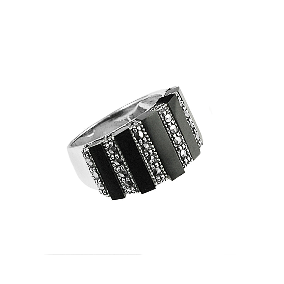 Elegant Striped Marcasite Sterling Silver Ring