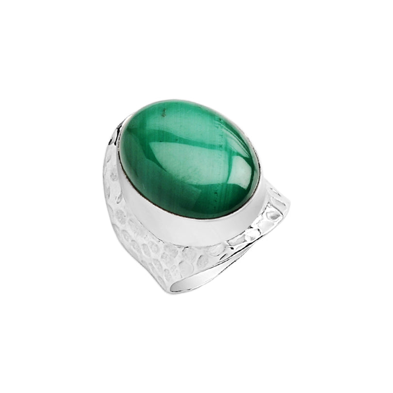 Natural Lush Green Malachite Hammered Sterling Silver Ring