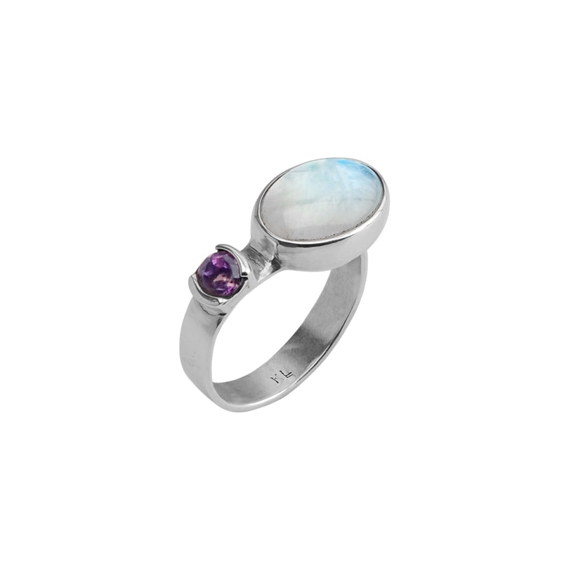 Beautiful Rainbow Moonstone and Amethyst Sterling Silver Adjustable Ring