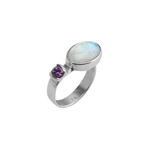 Beautiful Rainbow Moonstone and Amethyst Sterling Silver Adjustable Ring