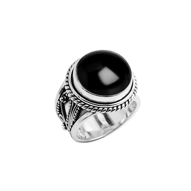 Exciting Smooth Black Onyx Sterling Silver Filigree Ring