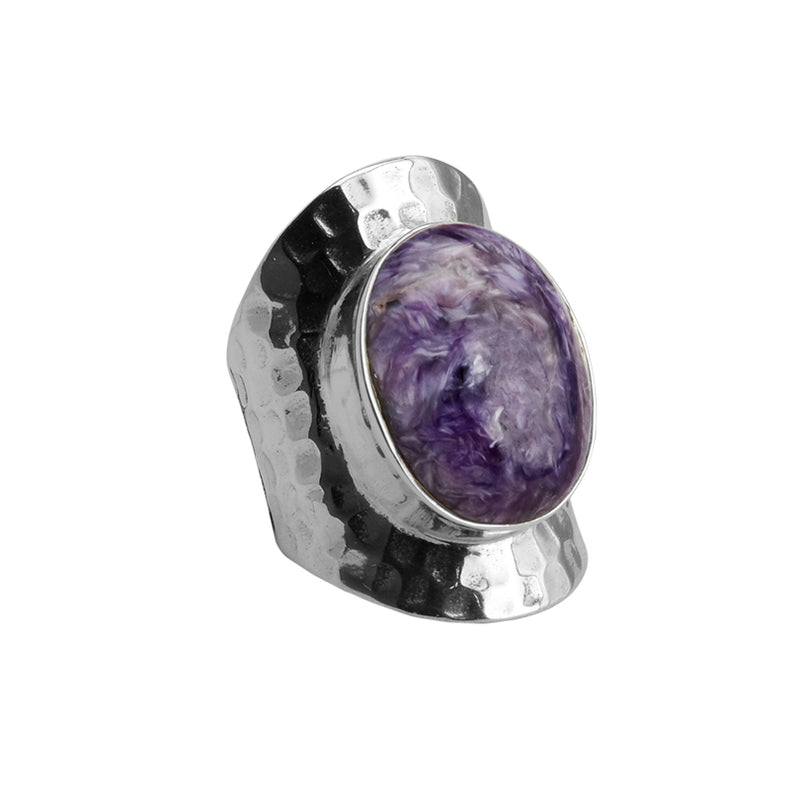 Stunning Purple Charoite Sterling Silver Hammered Band Statement Ring