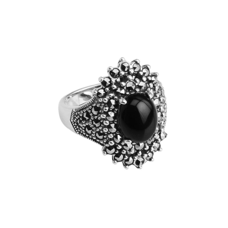 Sparkling Black Onyx and Marcasite Sterling Silver Ring
