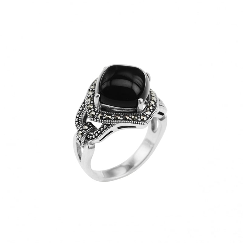 Diamond Black Onyx and Marcasite Sterling Silver Statement Ring