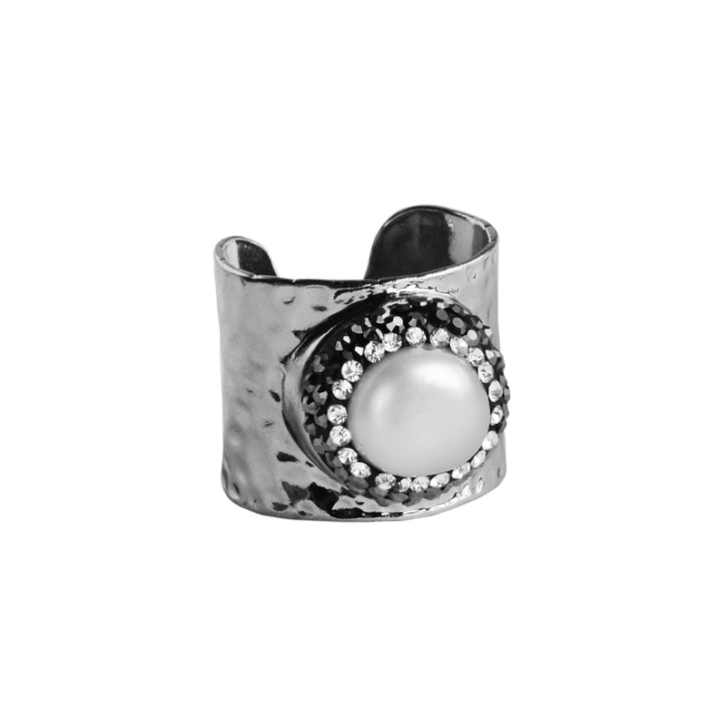 Hematite and Crystal Encircled Fresh Water Pearl Silver PlatedRing